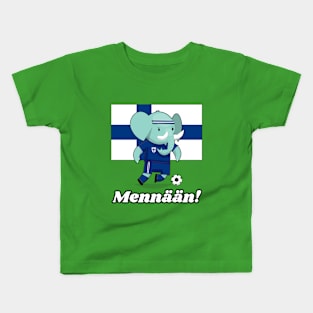 ⚽ Finland Football, Cute Elephant Kicks Ball, Mennään! Team Spirit Kids T-Shirt